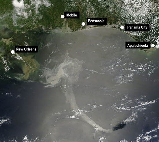 This image, posted by NASA on May 19, shows the increasing size of the Gulf oil spill.