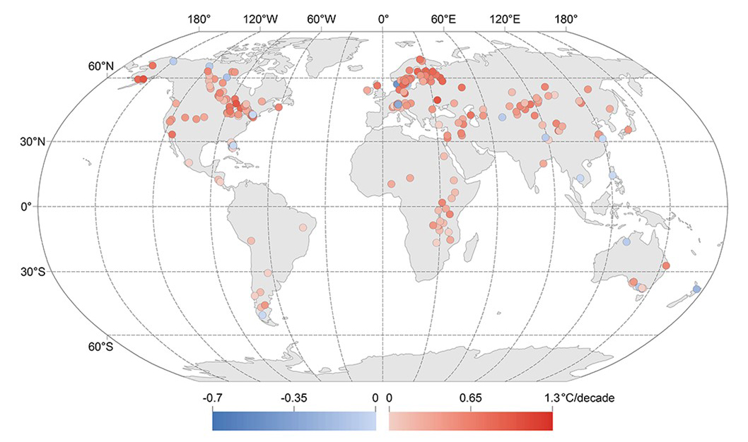 AGU article map depicting changing lake temperatures