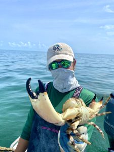scientist on a boat out on the ocean holds up a stone crab with a large claw close to the camera