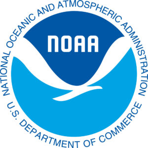 logo of the National Oceanic and Atmospheric Administration, dark blue on top and light blue on the bottom with white seagull